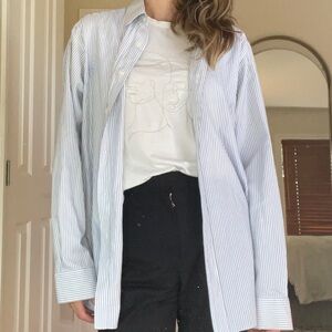 Blue and white striped oversized dress shirt.